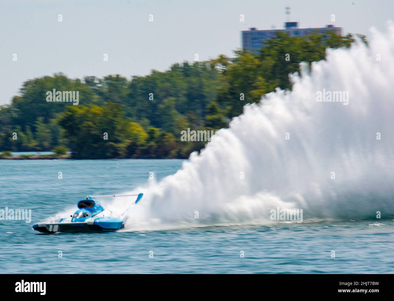 Hydroplane at full throttle on Detroit river Stock Photo