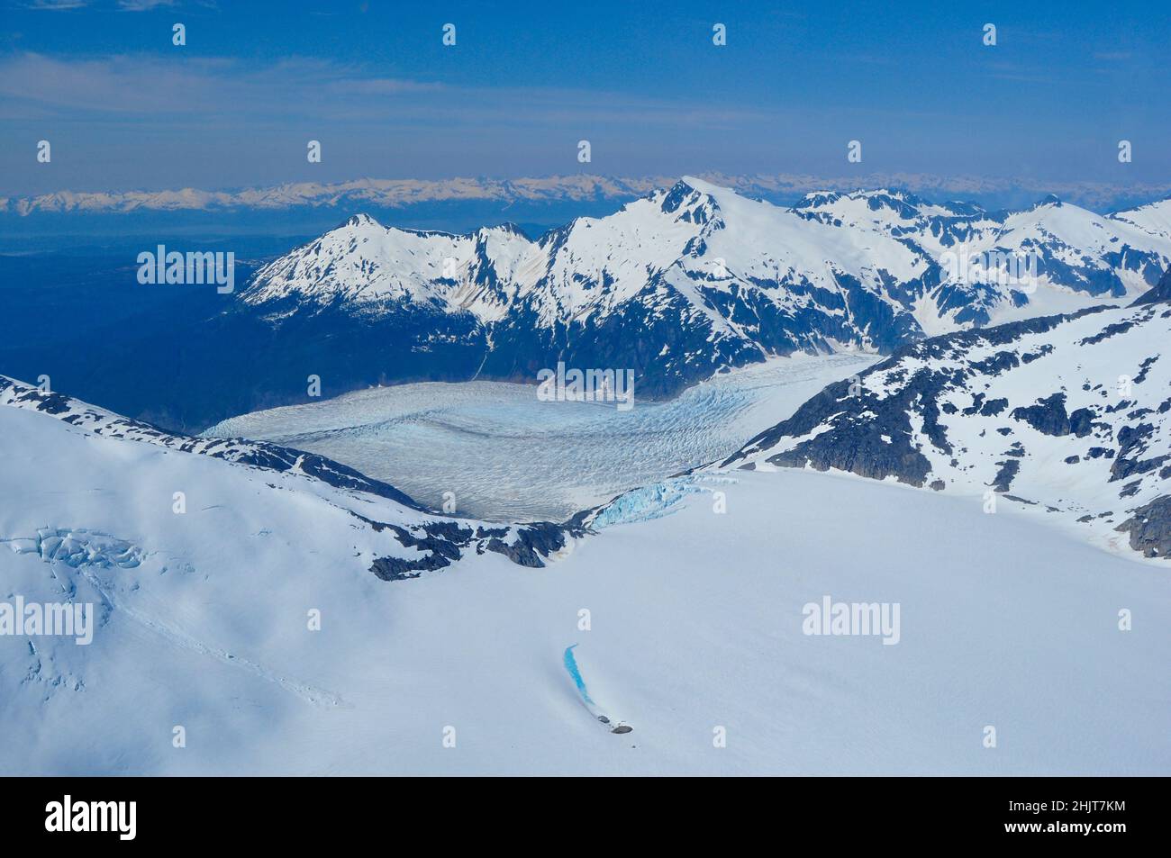 Arial view of Mendenhall glacier in Juneau Icefield, Alaska Stock Photo