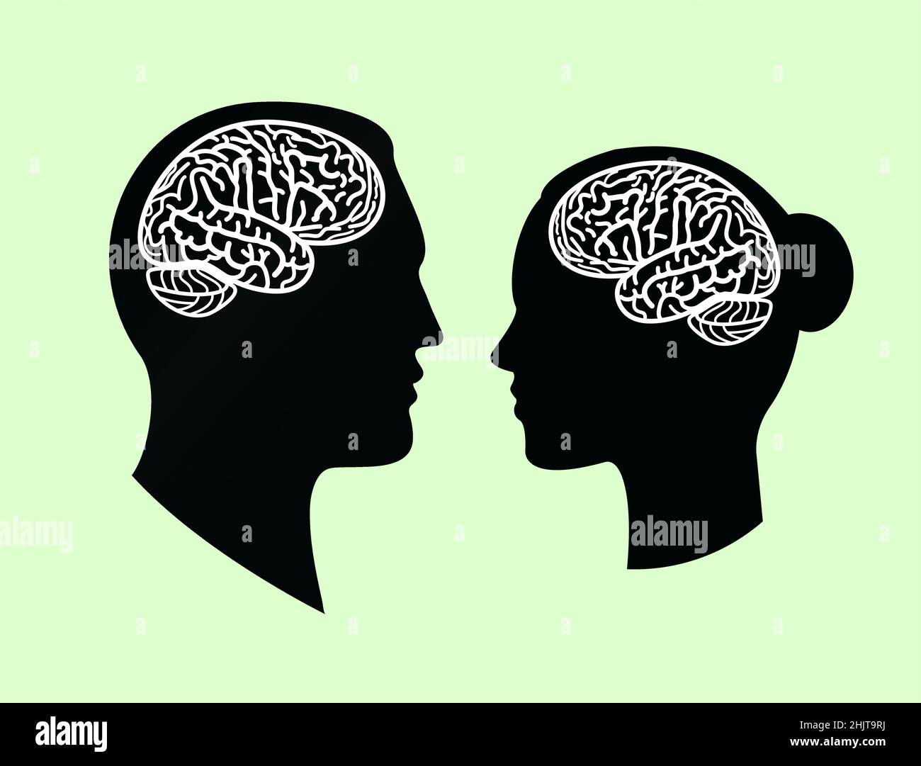 brain convolutions in male and female black human head silhouette, flat vector illustration Stock Vector