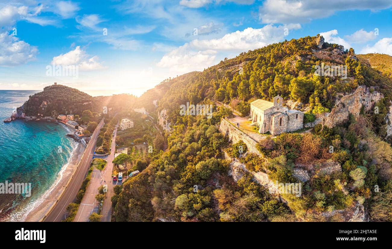 Panoramic aerial view of San Lorenzo church, Varigotti, Savona, Italy. Stock Photo