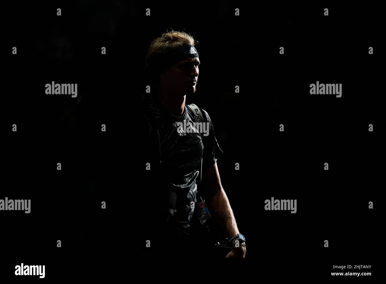 Alexander 'Sascha' Zverev of Germany enters the court with shadows during the Rolex Paris Masters 2021, ATP Masters 1000 tennis tournament, on Novembe Stock Photo