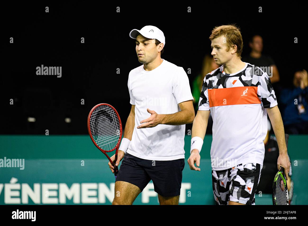 Aslan Karatsev of Russia and Andrey (or Andrei) Golubev of Kazakhstan during the Rolex Paris Masters 2021, ATP Masters 1000 tennis tournament, on Nove Stock Photo