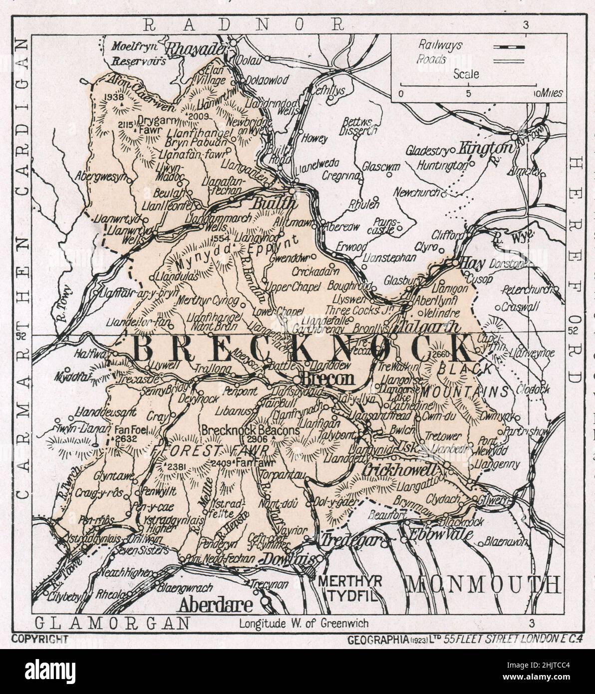 Map of Brecknockshire (1913) Stock Photo