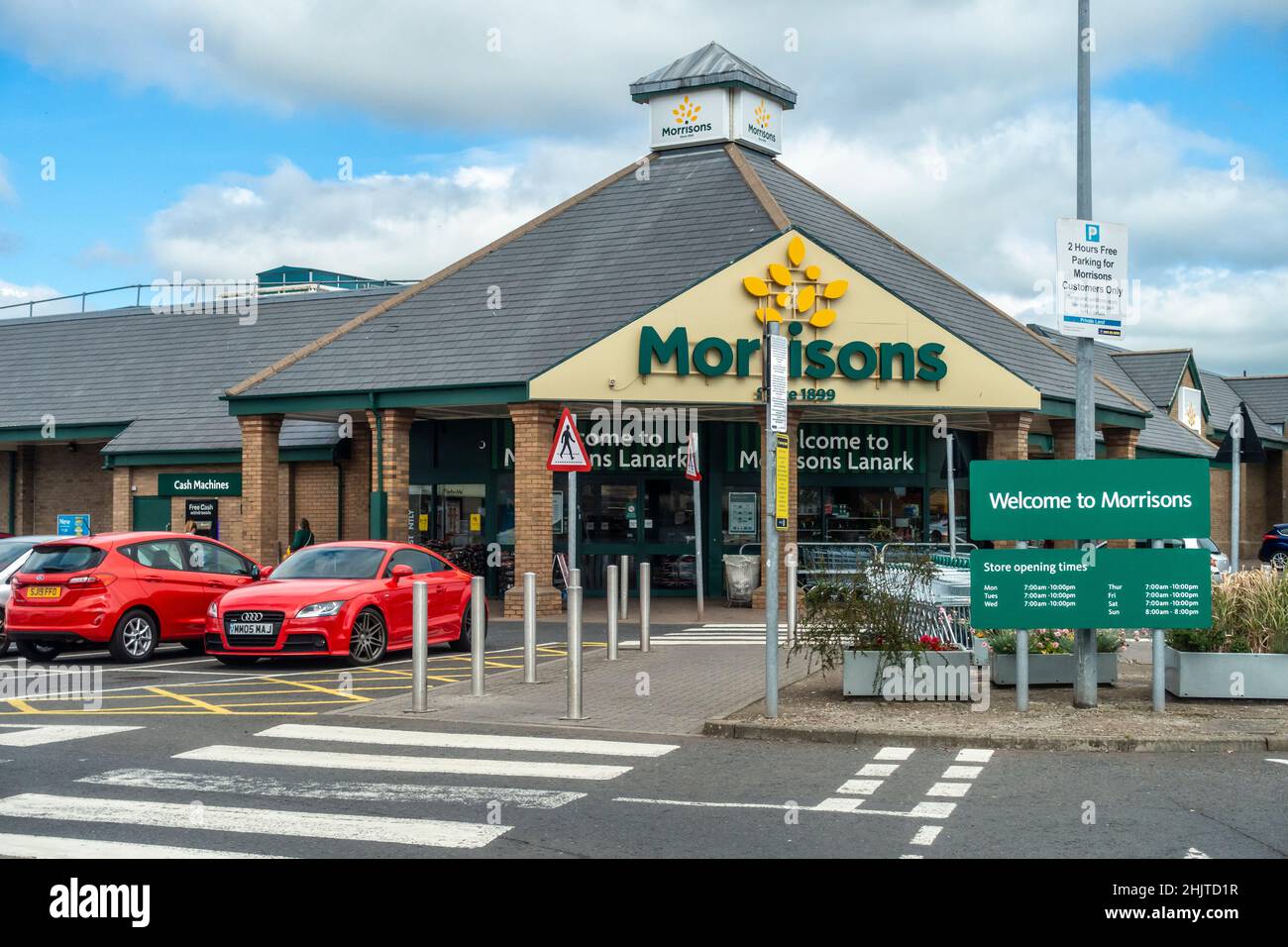 Exterior of and entrance to the Morrisons supermarket in Lanark, Scotland, UK Stock Photo