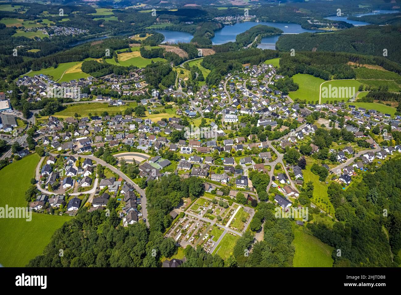Aerial view, village view Rhode, catholic primary school Franz-Hitze-Schule, church St. Cyriakus, Olpe, Sauerland, North Rhine-Westphalia, Germany, pl Stock Photo