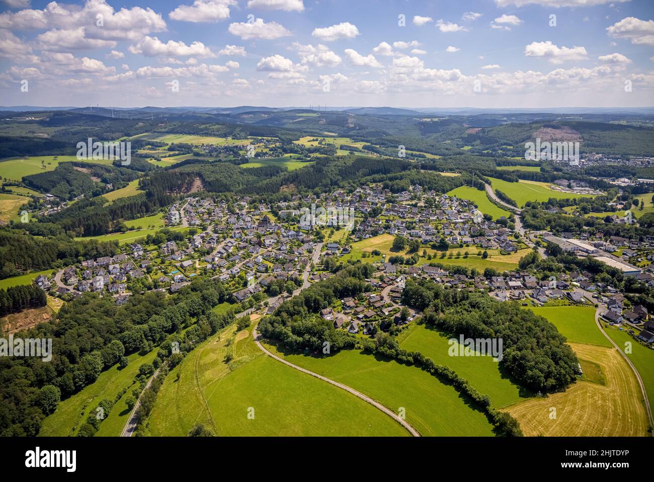 Aerial photograph, forest area with forest damage in Rhode, Olpe, Sauerland, North Rhine-Westphalia, Germany, tree death, bark beetle damage, bark bee Stock Photo