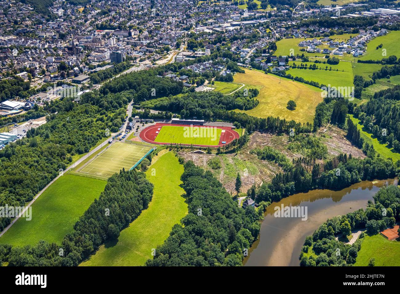 Aerial view, Kreuzbergstadion, Olpe City, Olpe, Sauerland, North Rhine