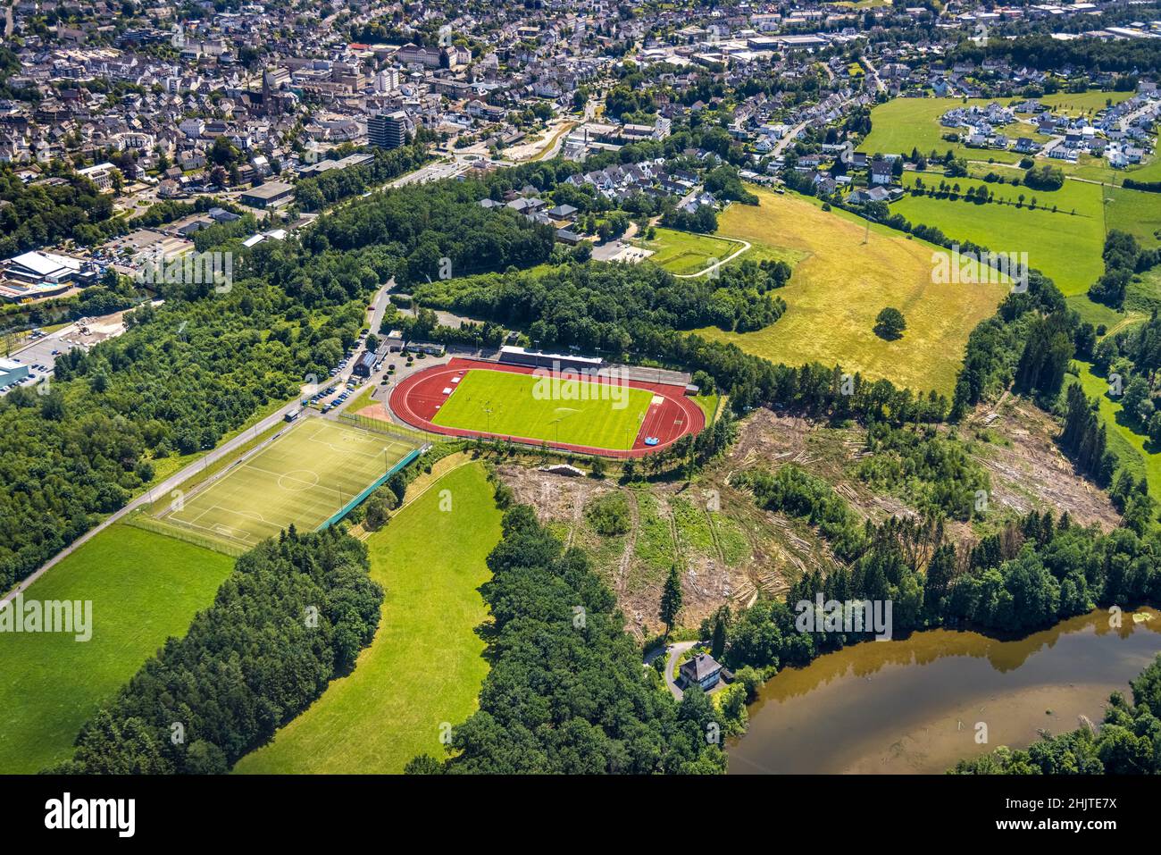 Aerial view, Kreuzbergstadion, Olpe City, Olpe, Sauerland, North Rhine