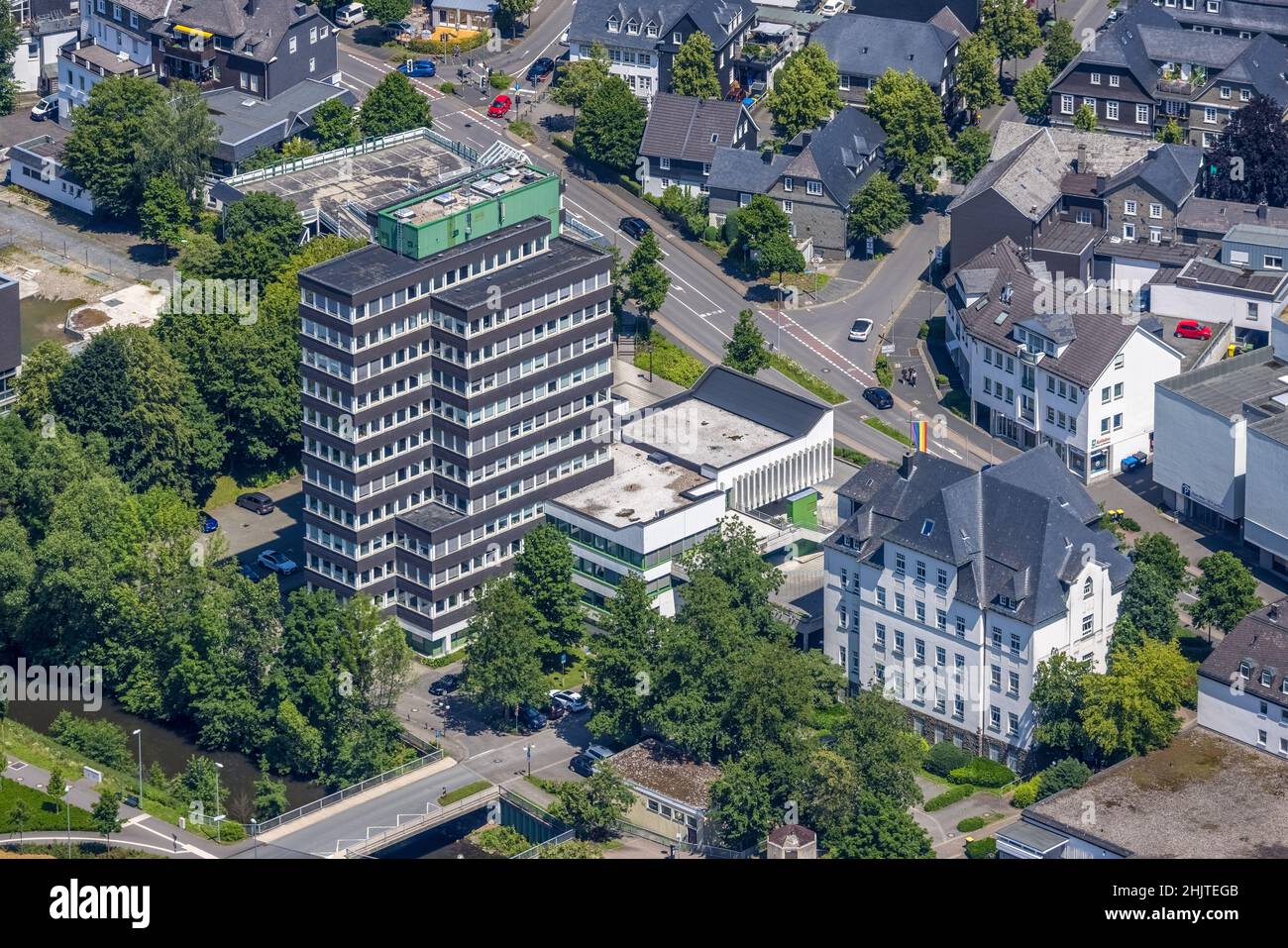 Aerial view, Olpe town hall and archives, Olpe city, Olpe, Sauerland