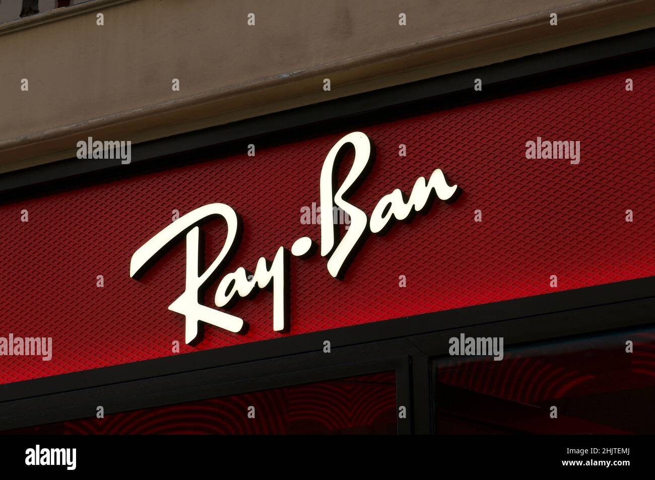 Firenze, Tuscany, Italy - 28th September 2021 : Ray-Ban store sign hanging in Florence, Italy. Ray-Ban is an American-Italian brand of luxury sunglass Stock Photo