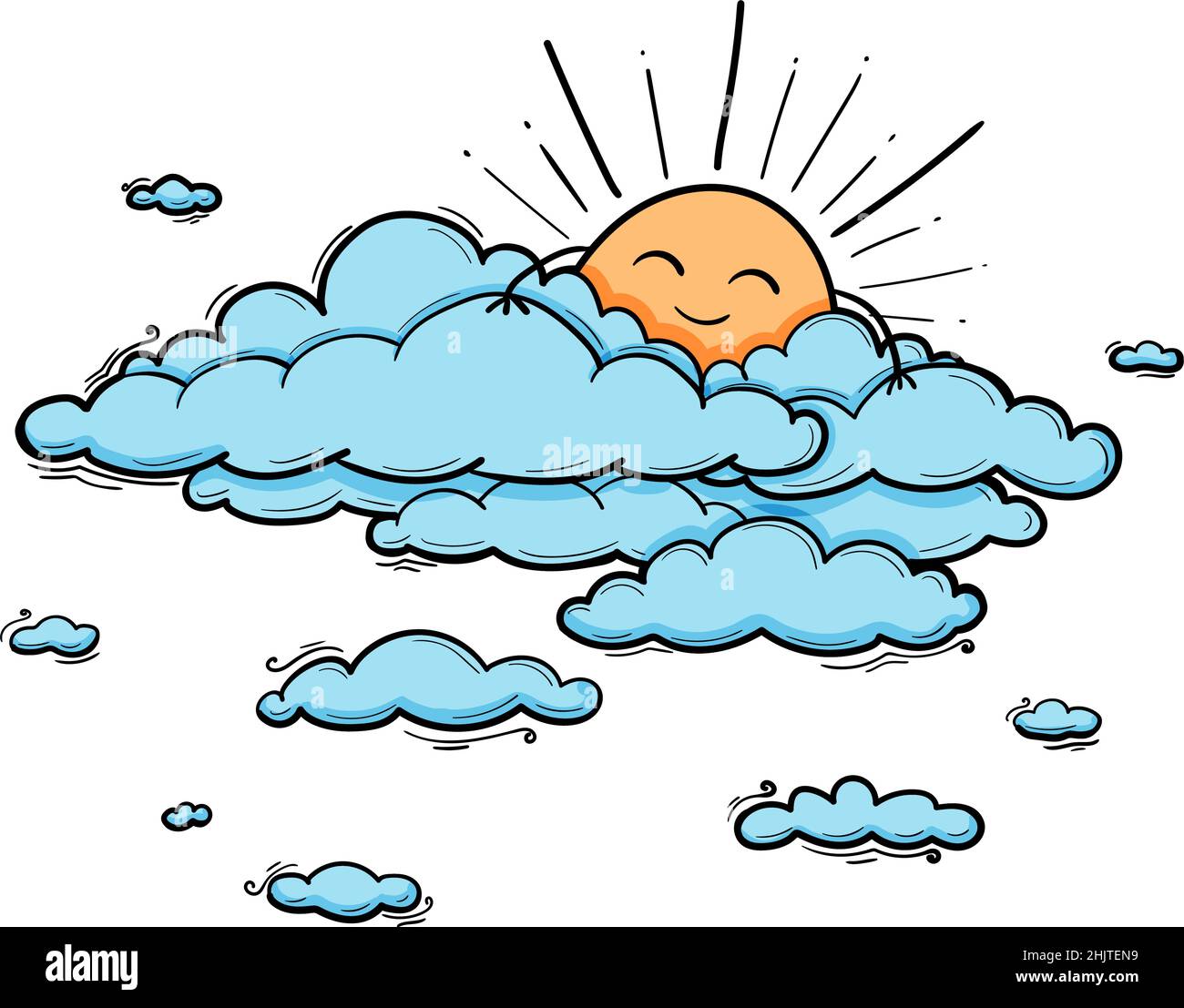 Sun and Cloud kids drawing for nursery in cartoon outline style. Blue boy vector illustration isolated on white Stock Vector