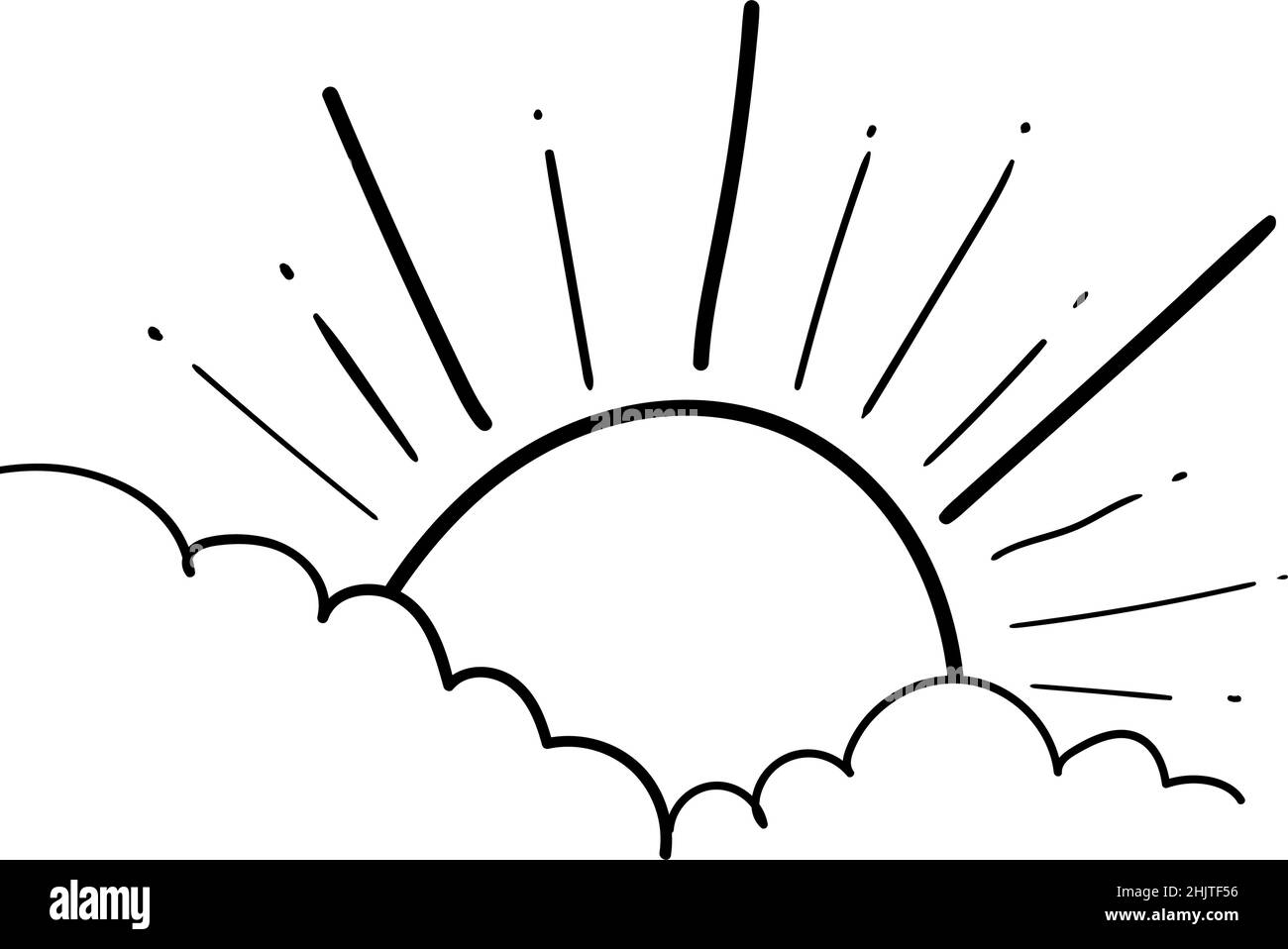 Sun and Cloud drawing in engraving outline style. Vector illustration isolated on white Stock Vector