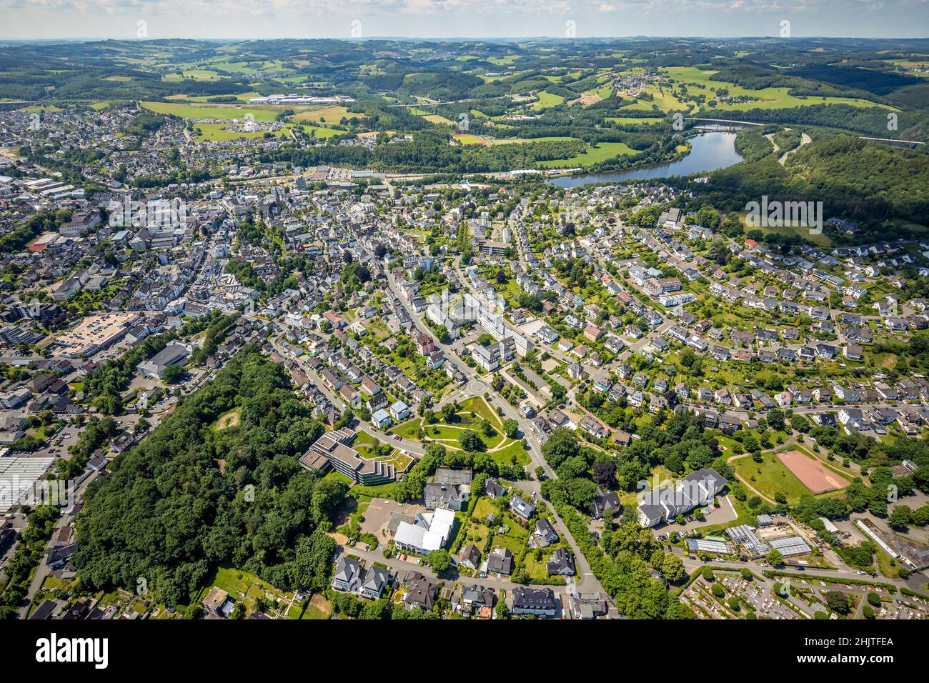 Aerial view, city view Olpe-City, Olpe, Sauerland, North Rhine-Westphalia, Germany, City, DE, Europe, downtown, aerial photography, aerial view, city Stock Photo