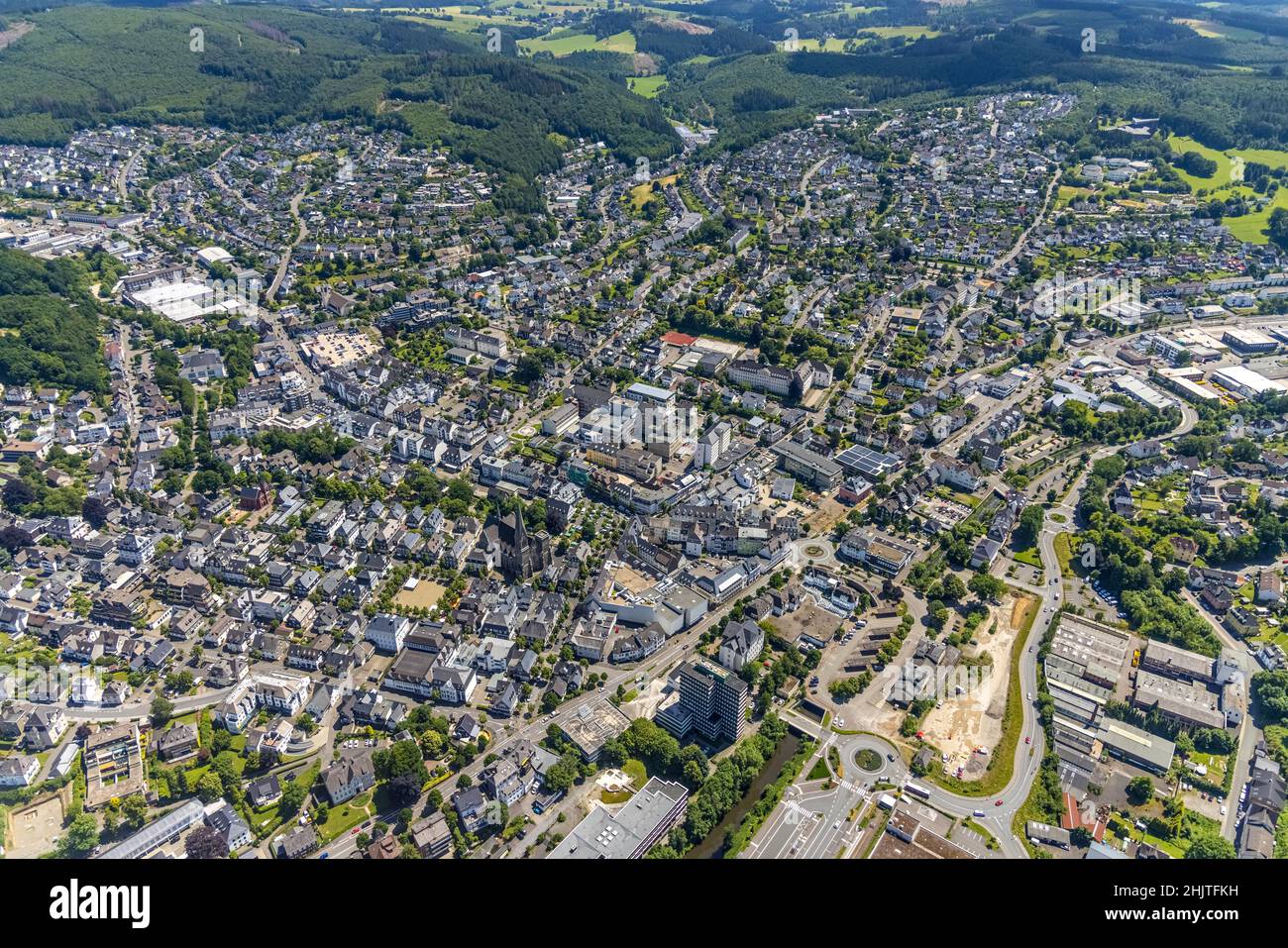 Aerial view, city centre view, city hall, St. Martinus church, Olpe
