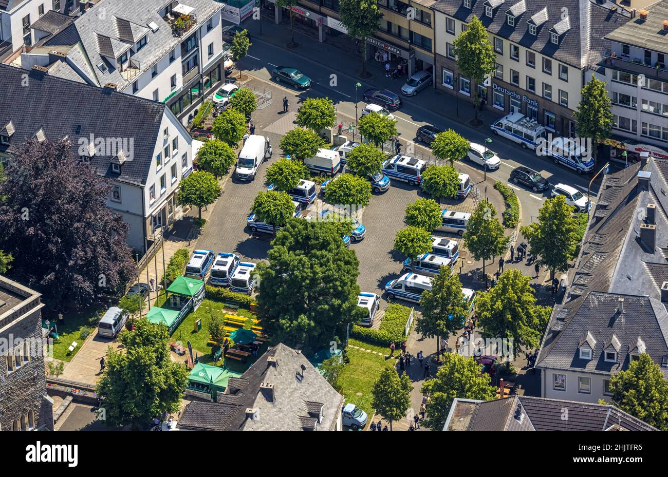 Aerial view, police operation at Kurkölner Platz, Olpe city, Olpe, Sauerland, North Rhine-Westphalia, Germany, supervision, eye of the law, DE, Europe Stock Photo