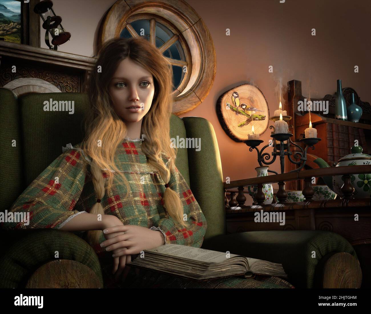3d computer graphics of a girl sitting in an armchair with a book Stock Photo