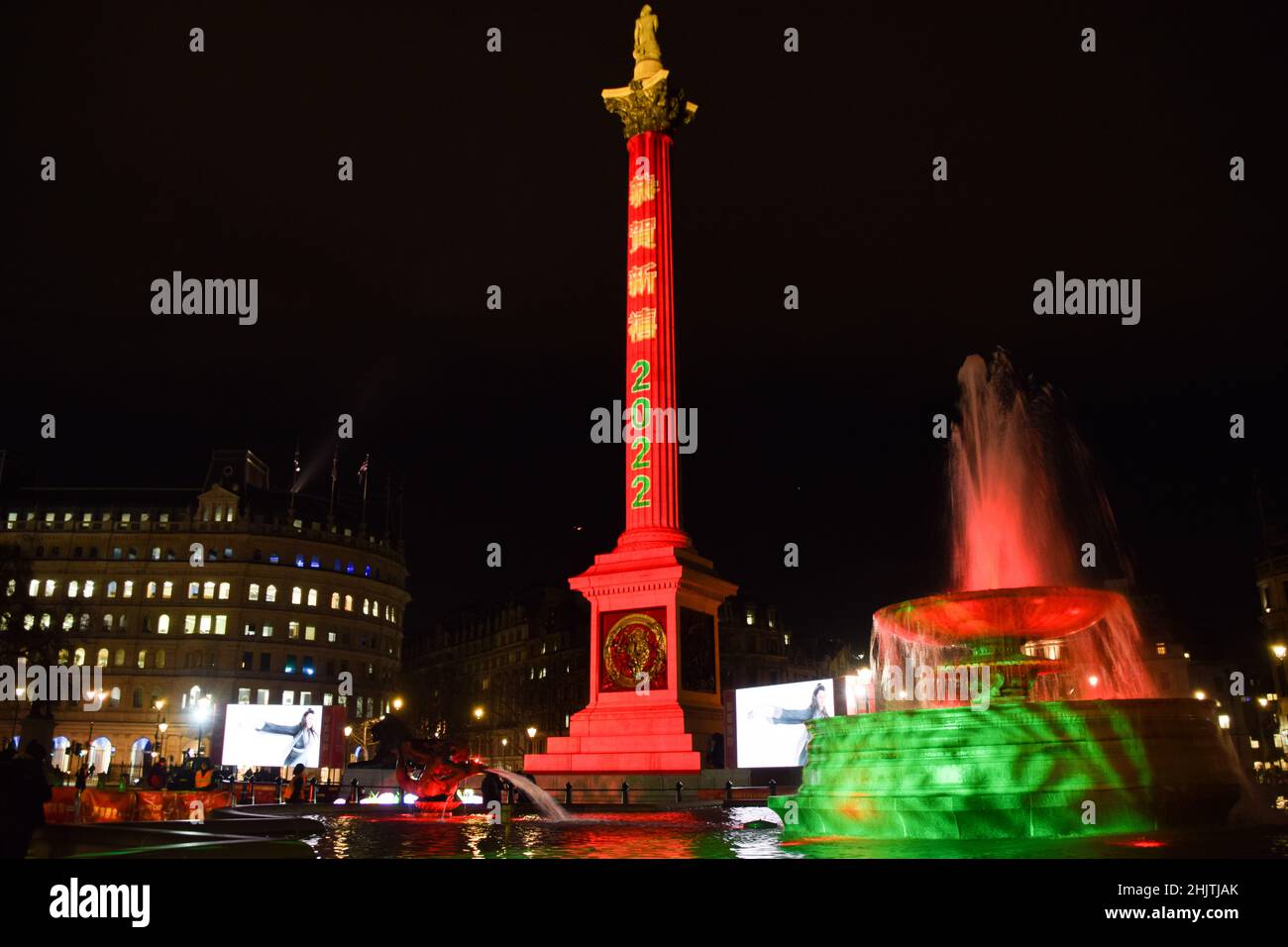 London, UK 31st January 2022. '2022' is projected onto Nelson's Column in Trafalgar Square in celebration of Chinese New Year. This year marks the Year of the Tiger. Credit: Vuk Valcic / Alamy Live News Stock Photo