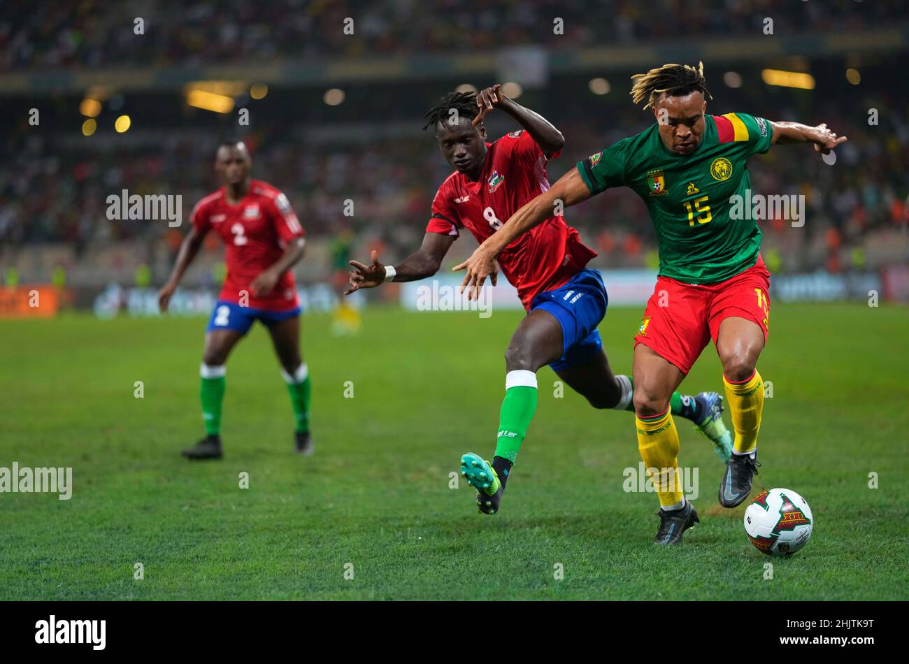 Douala, Cameroon, January, 29, 2022: Ebrima Darboe of Gambia and Pierre Kunde of Cameroon during Cameroon versus The Gambia, Africa Cup of Nations at Japoma stadium. Kim Price/CSM. Stock Photo