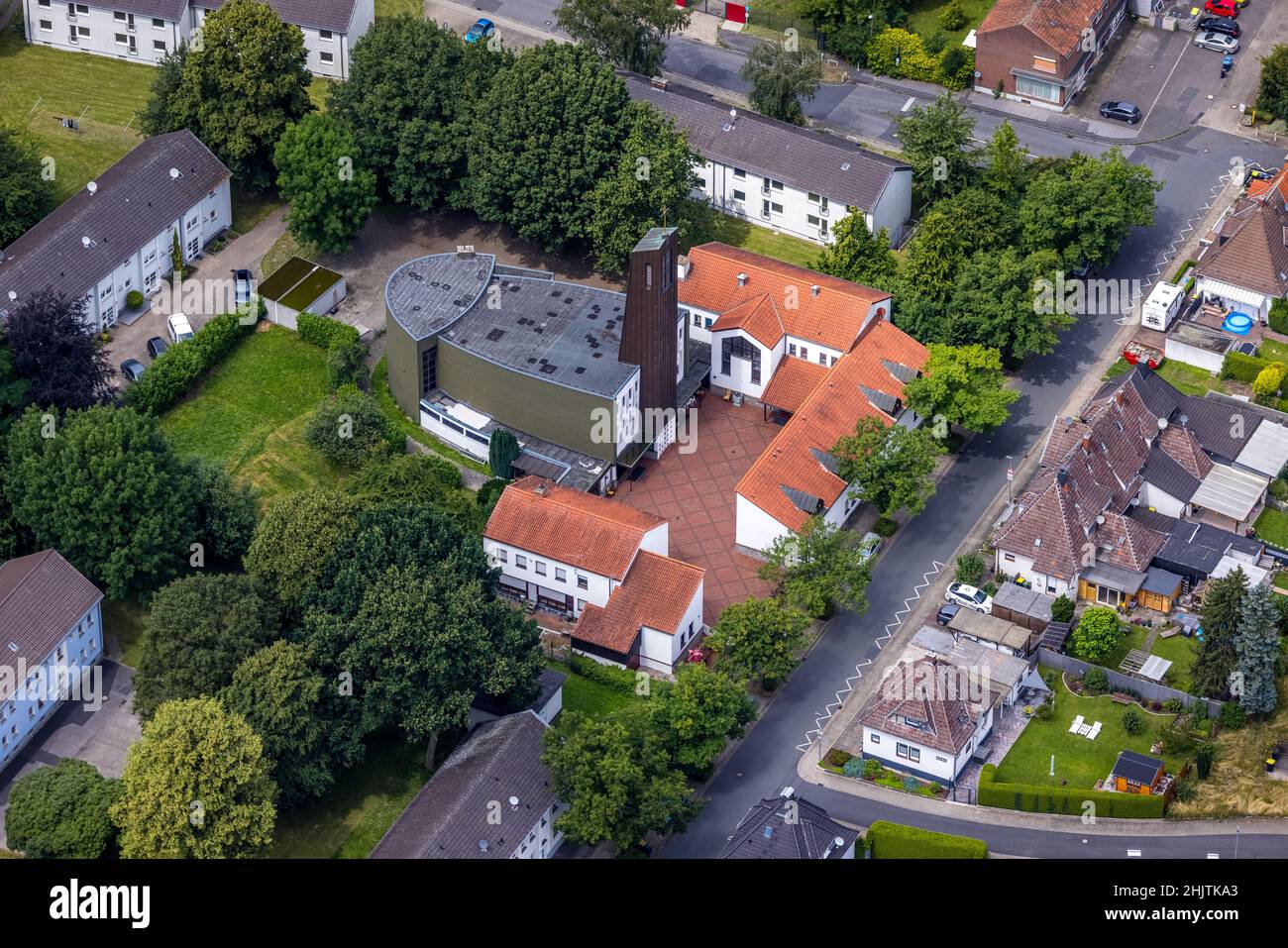 Aerial view, Coptic Orthodox Patriarchate Church of St. Mary and St. Philopater Mercurius, Massen, Unna, Ruhr Area, North Rhine-Westphalia, Germany, p Stock Photo