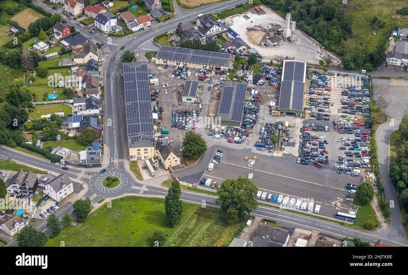 Aerial view, industrial area Nordstraße with solar roof buildings, car yard, Massen, Unna, Ruhr area, North Rhine-Westphalia, Germany, DE, Europe, ind Stock Photo