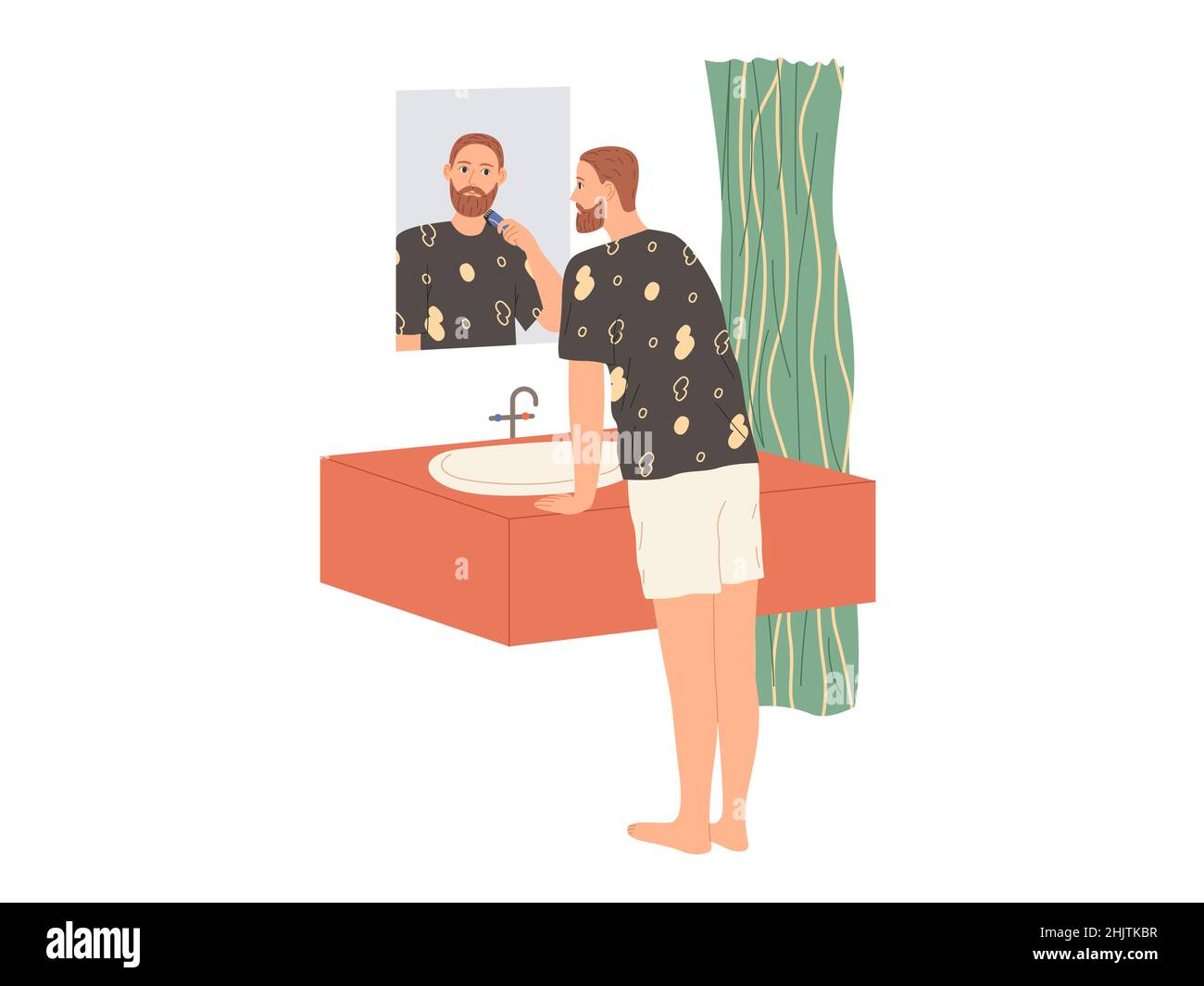 Man shaves his beard with an electric razor while standing in the bathtub by the mirror. Stock Vector