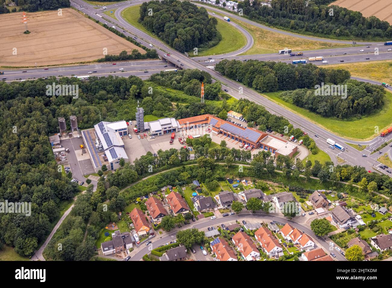 Aerial view, control centre fire brigade and rescue service district Unna, at the motorwayA1 and federal road B1, Massen, Unna, Ruhr area, North Rhine Stock Photo