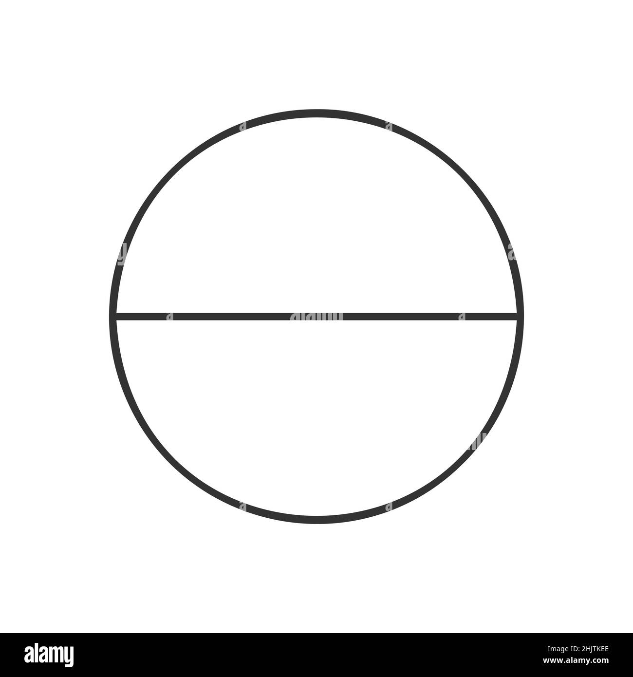 Circle divided in 2 segments isolated on white background. Pie or pizza round shape cut in two equal slices in outline style. Simple business chart example. Vector linear illustration Stock Vector
