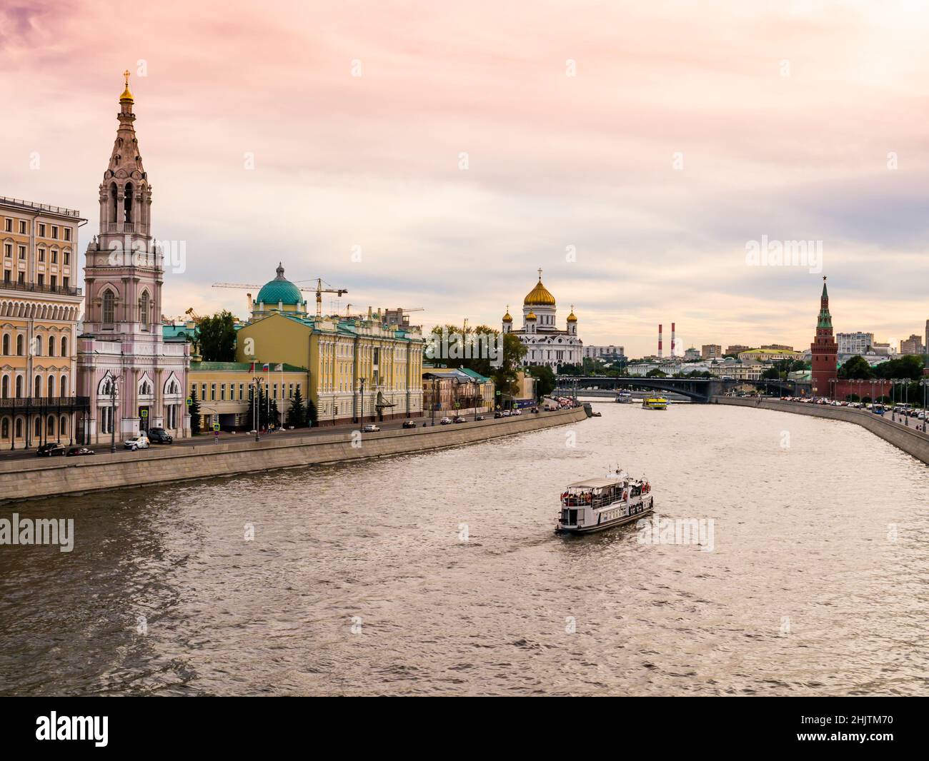 Russia, stunning view of Moscow city center at sunset, with kremlin, cathedral of Christ the Saviour and Moskva river Stock Photo