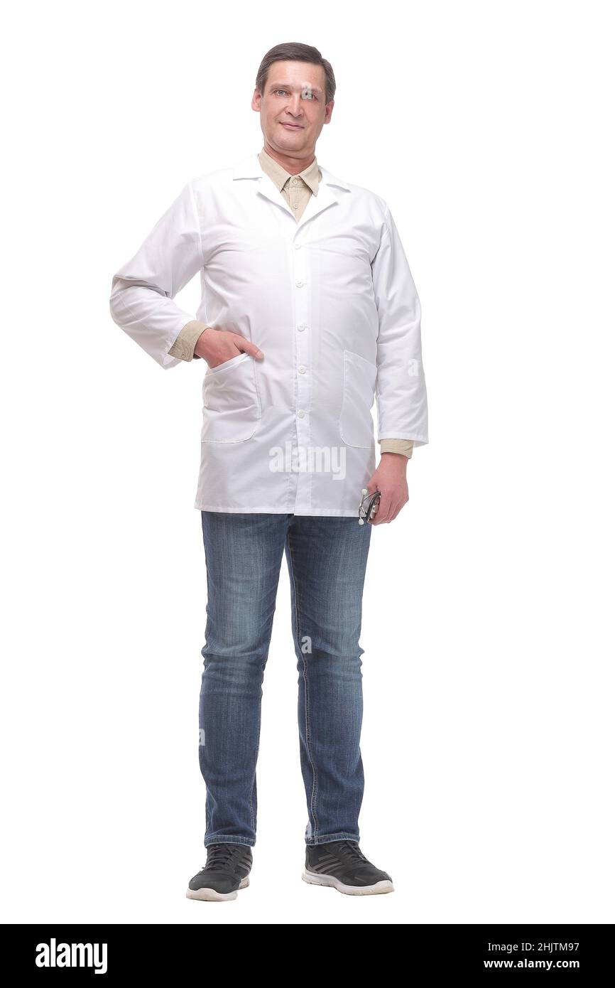 Confident smiling doctor standing with hand in pocket, Stock Photo