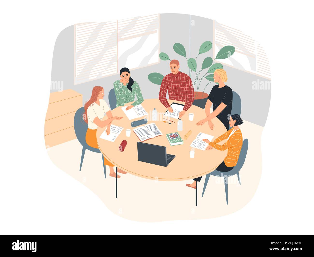 A group of students at the table are studying. Learning English Stock Vector