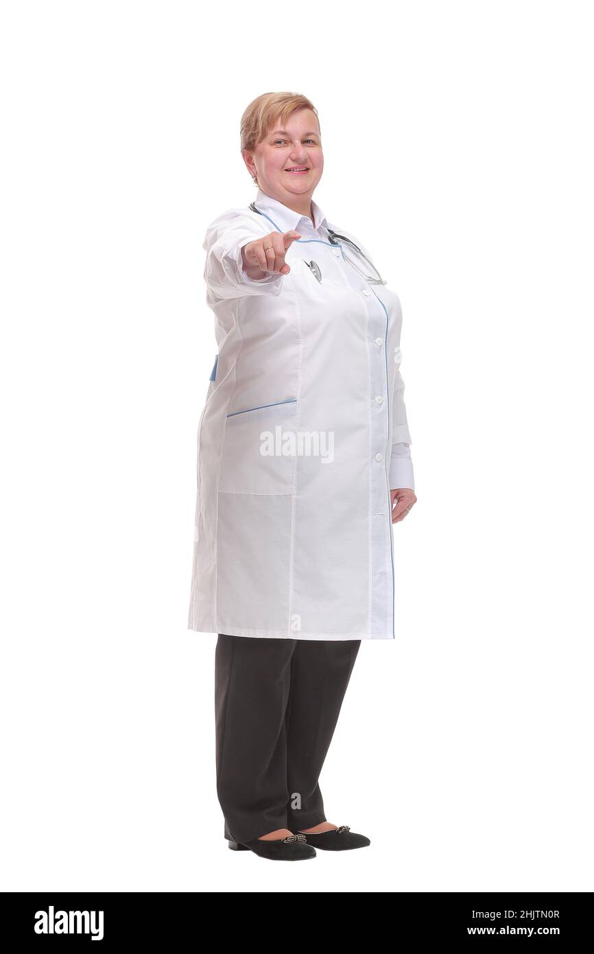 Side view of smiling female doctor with hands in her Stock Photo