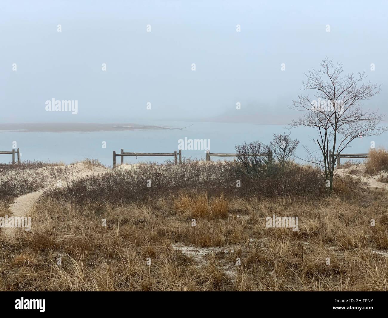 Empty Kayak Storage on a Misty Winter's Day in East Hampton, NY Stock