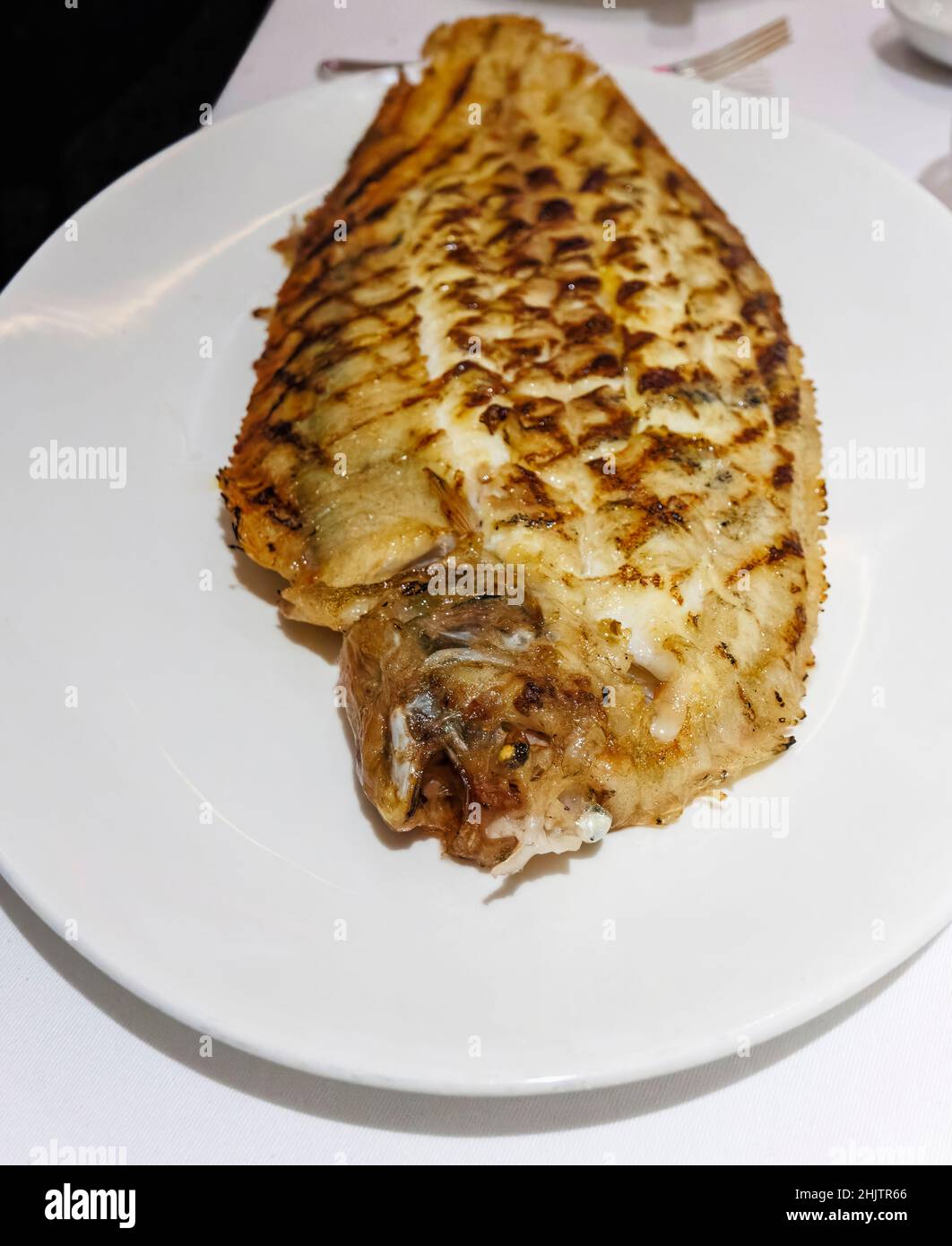 Large grilled Dover sole on the bone on a white china plate Stock Photo Alamy