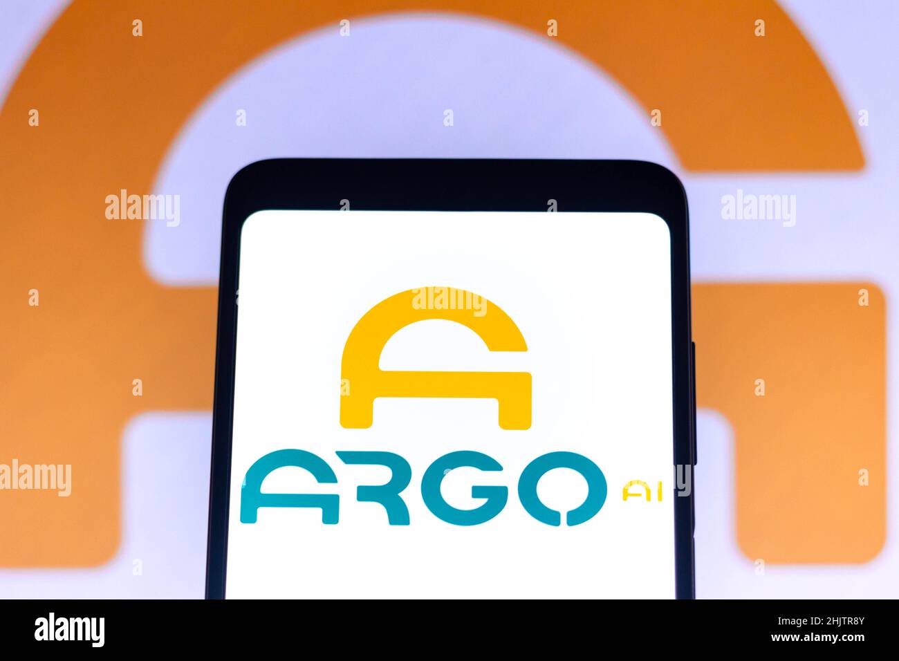In this photo illustration the Argo AI logo seen displayed on a