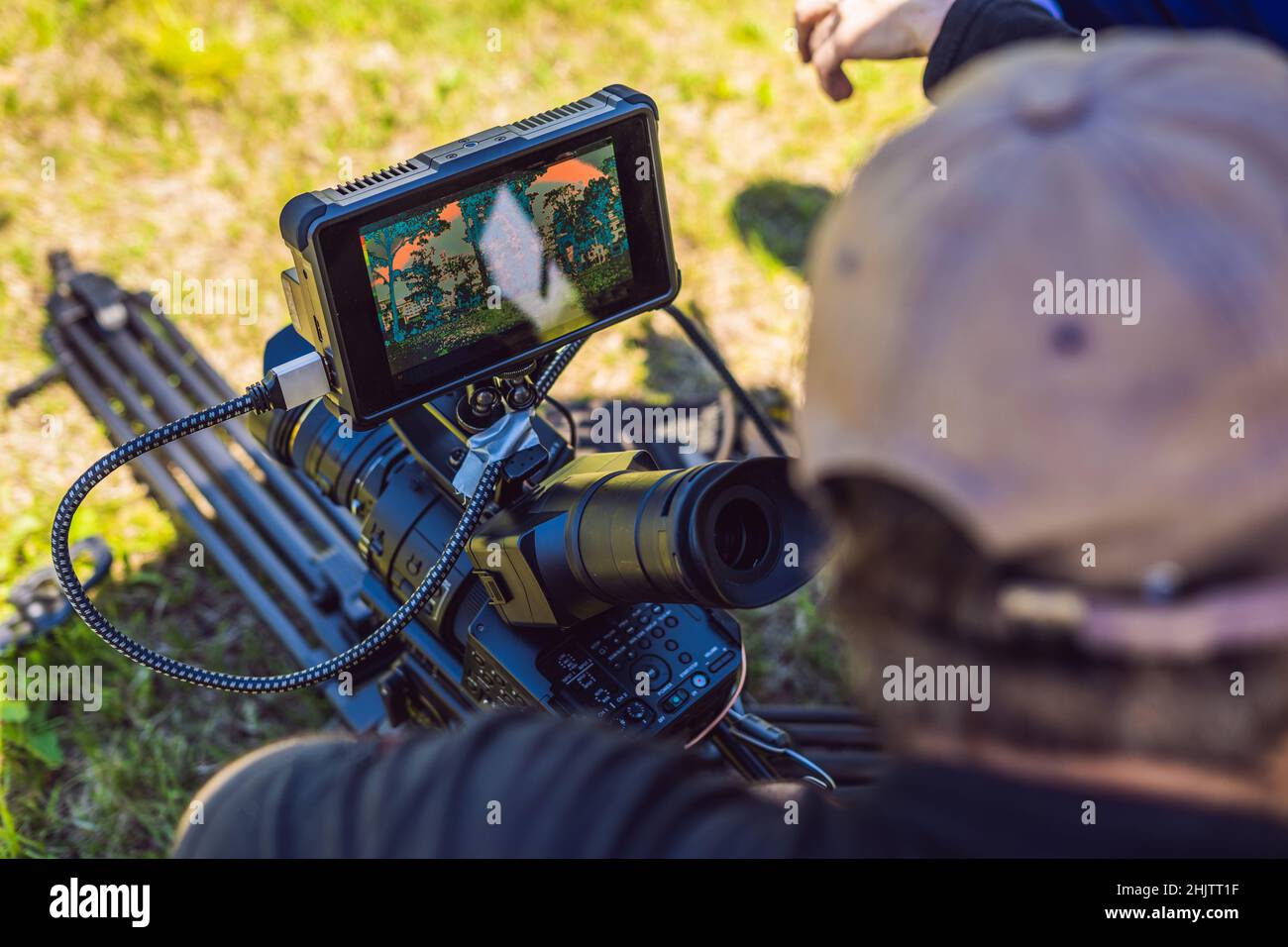 Shooting process on cinema stage commercial production set, exterior