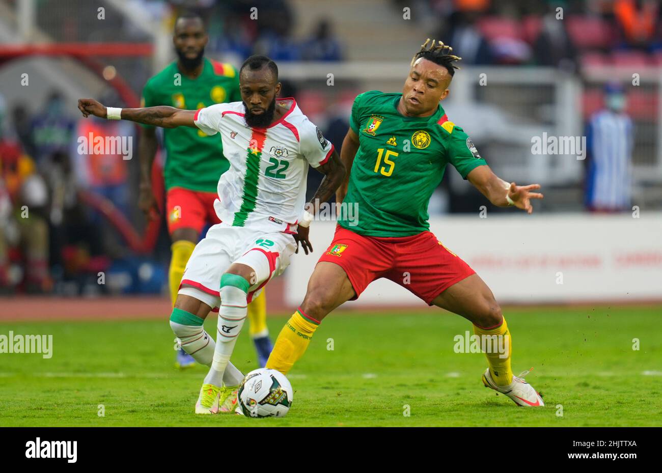 Yaoundé, Cameroon, January, 9, 2022: Blati Touré of Burkina Faso and Pierre Kunde of Cameroon during Cameroon v Burkina Faso - Africa Cup of Nations at Paul Biya Stadium. Kim Price/CSM. Stock Photo