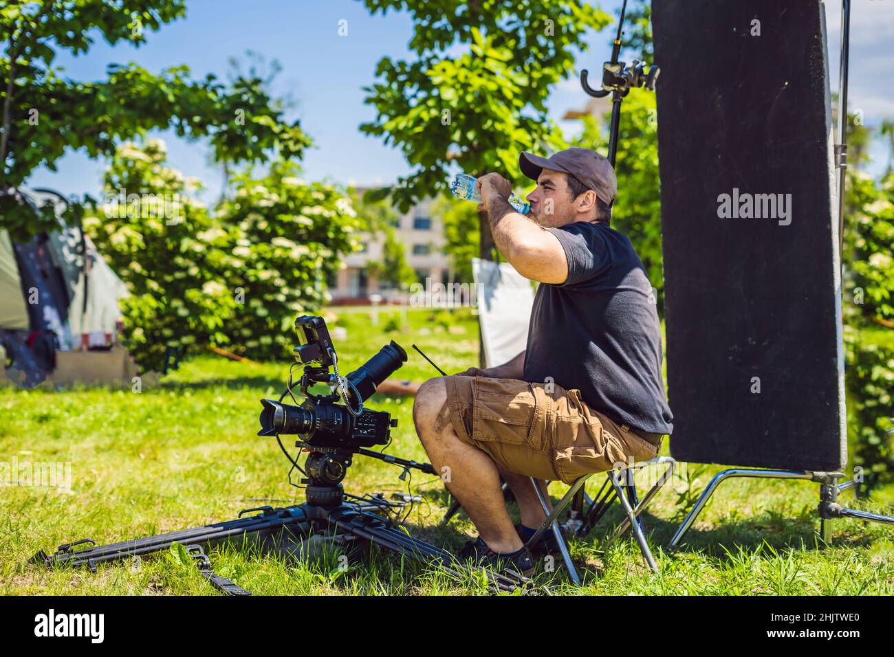 Shooting process on cinema stage commercial production set, exterior
