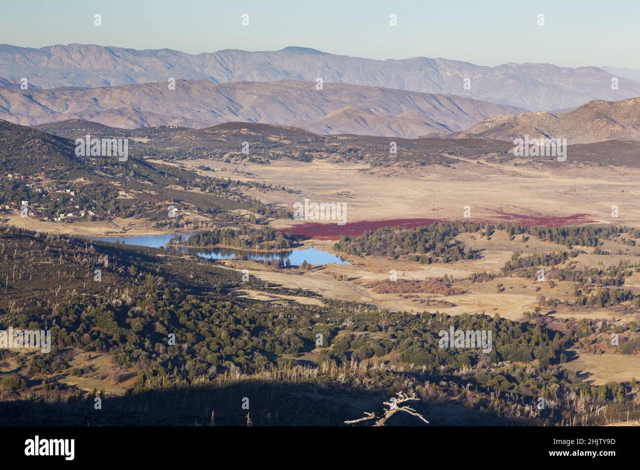 Lake Cuyamaca Aerial Landscape View Distant San Jacinto Mountain Range. Mount Cuyamaca Top