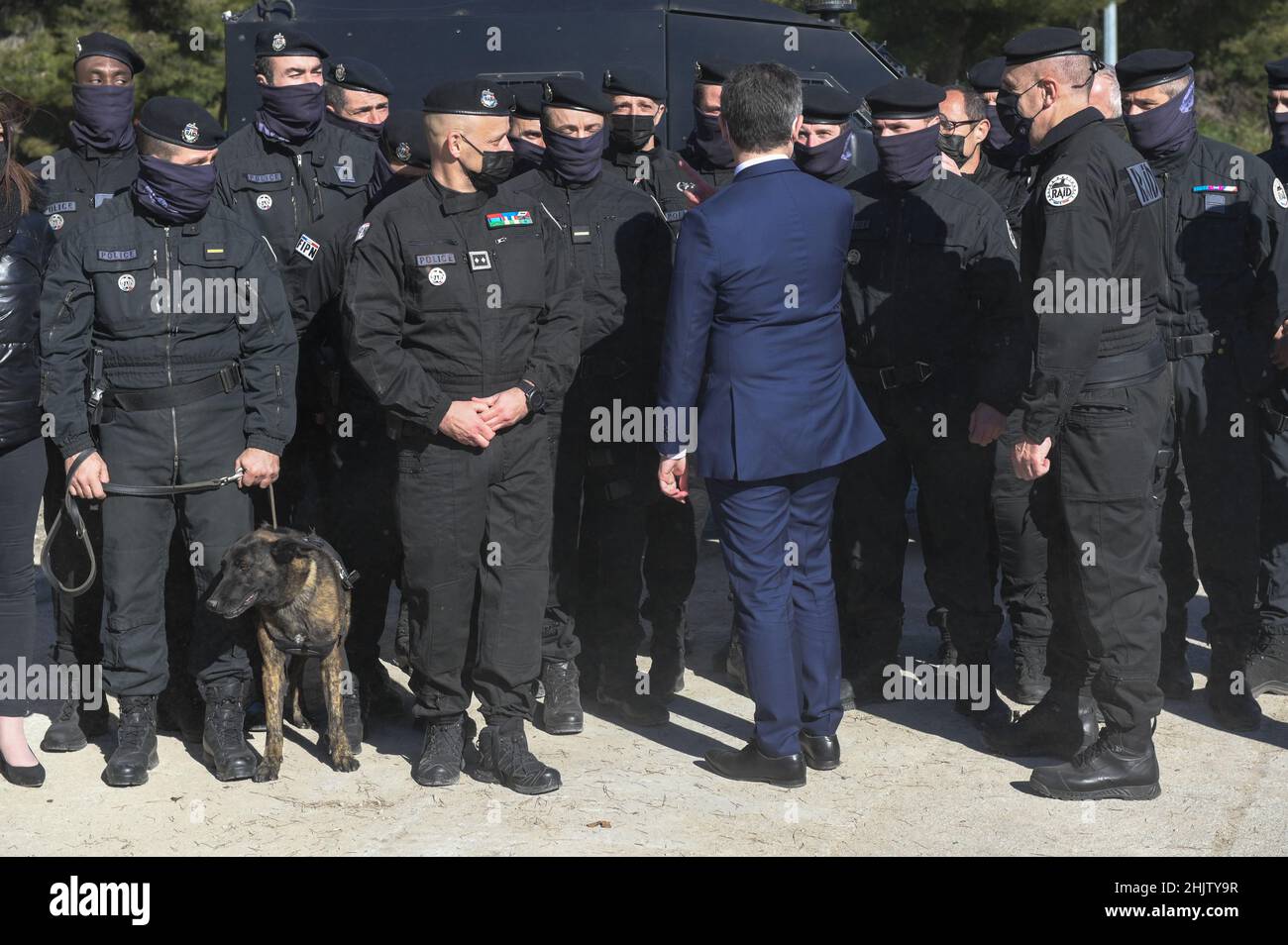 Gerald Darmanin, French Minister of the Interior (Blue suit) is seen with members of the "Research, Assistance, Intervention, Deterrence" Police Unit (RAID) during a visit to the future regional headquarters of the elite RAID in Marseille.The RAID (Research, Assistance, Intervention, Dissuasion) is present in Marseille with a team of about twenty men. Specialists in difficult interventions, the Raid police officers are the elite of the police in France. In 2023 new more spacious and adapted premises will be built in the port of Marseille. Stock Photo