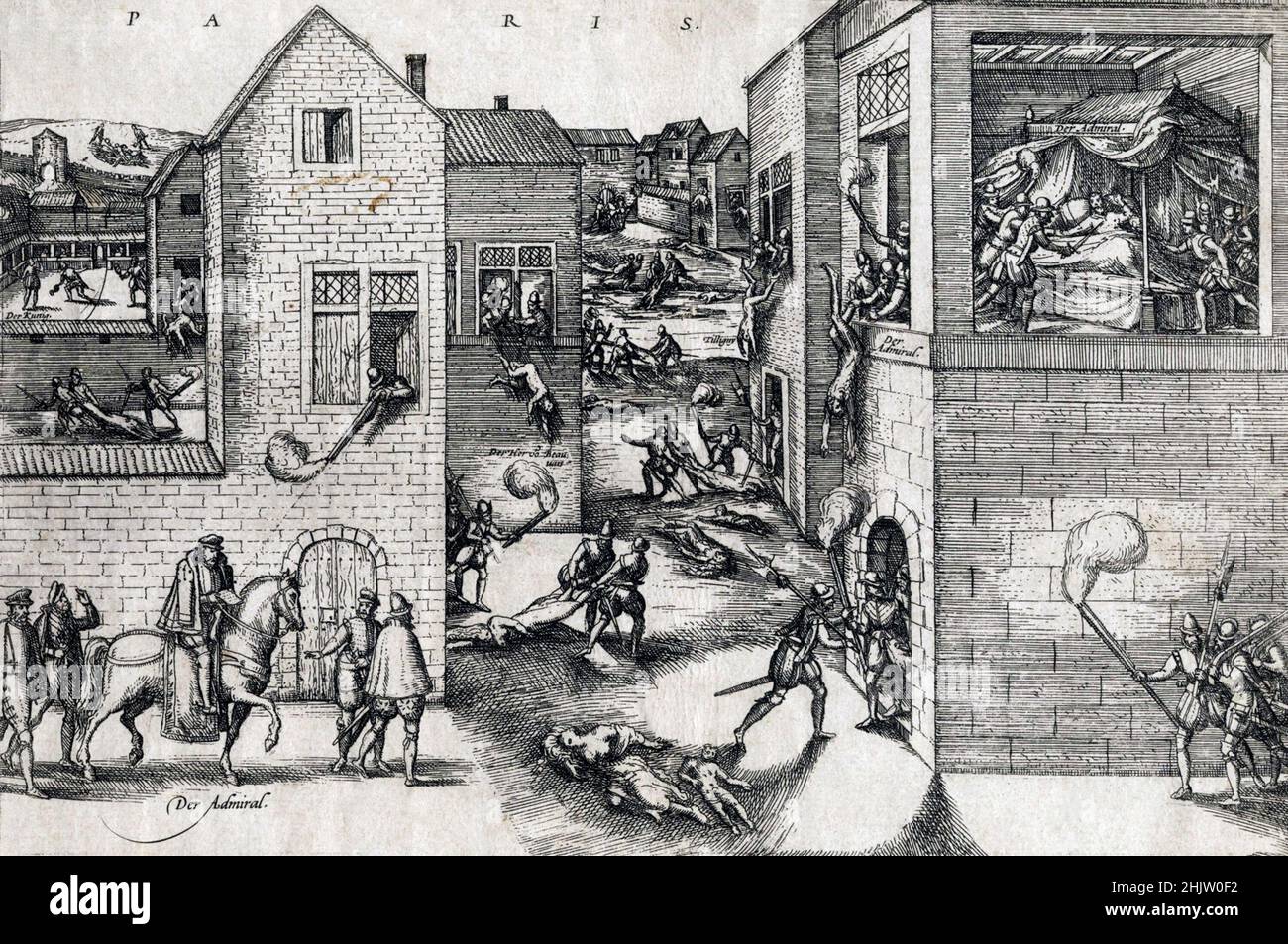 The St Bartholomew's Day massacre (Massacre de la Saint-Barthélemy) in 1572. In the religious war between the royalist Catholics and the Huguenots (French Calvinist Protestants. Over a period of several weeks the mob violence left betweem 50000 and 30,000 protestants dead. In this image Admiral Gaspard de Coligny, the leader of the Huguenots, appears twice. On the left is his attempted assassination and on the right of centre his body is hanging from a window after his killing by the catholic mob. Stock Photo