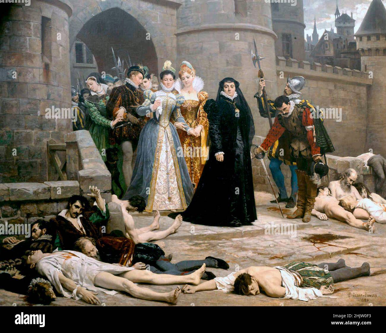 The St Bartholomew's Day massacre (Massacre de la Saint-Barthélemy) in 1572. In the religious war between the royalist Catholics and the Huguenots (French Calvinist Protestants. Over a period of several weeks the mob violence left betweem 50000 and 30,000 protestants dead. In this painting Catherine de Medici, widow of King Henri II, who was blamed for stirring the trouble, is seen looking with satisfaction at the bodies of the dead. Stock Photo