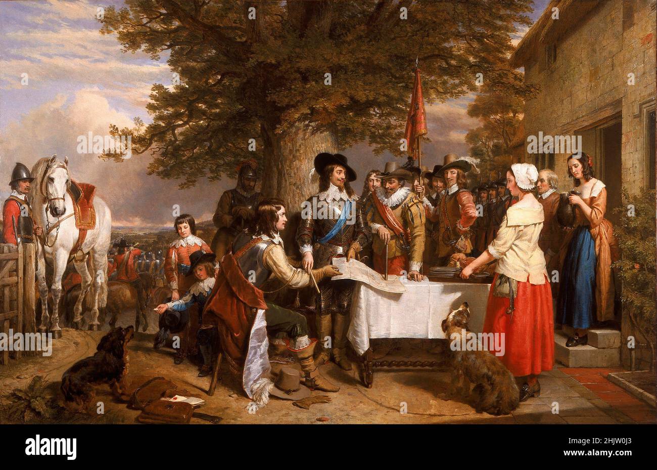 Charles I holding a council of war before the Battle of Edgehill, by Charles Landseer. The battle was fought in at Edgehill in Warwickshire in 1642 during the English Civil War. With the king is Prince Rupert of the Rhine (sitting). Behind Price Rupert are the heirs to the throne, the future kings Charles II and James II Stock Photo