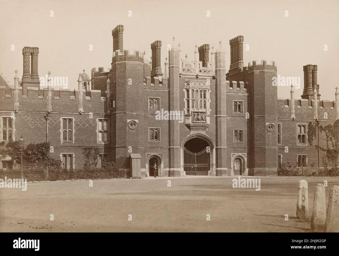 Antique circa 1890 photograph of the Great Gatehouse at the Hampton Court Palace in London, England. SOURCE: ORIGINAL ALBUMEN PHOTOGRAPH Stock Photo