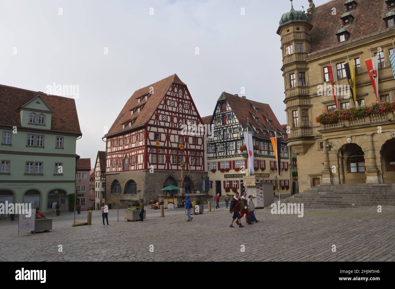 This is Rothenburg Ob Der Tauber Germany.  Rothenburg was built with a wall as a defense and is one of the three remaining walled cities in Germany. Stock Photo