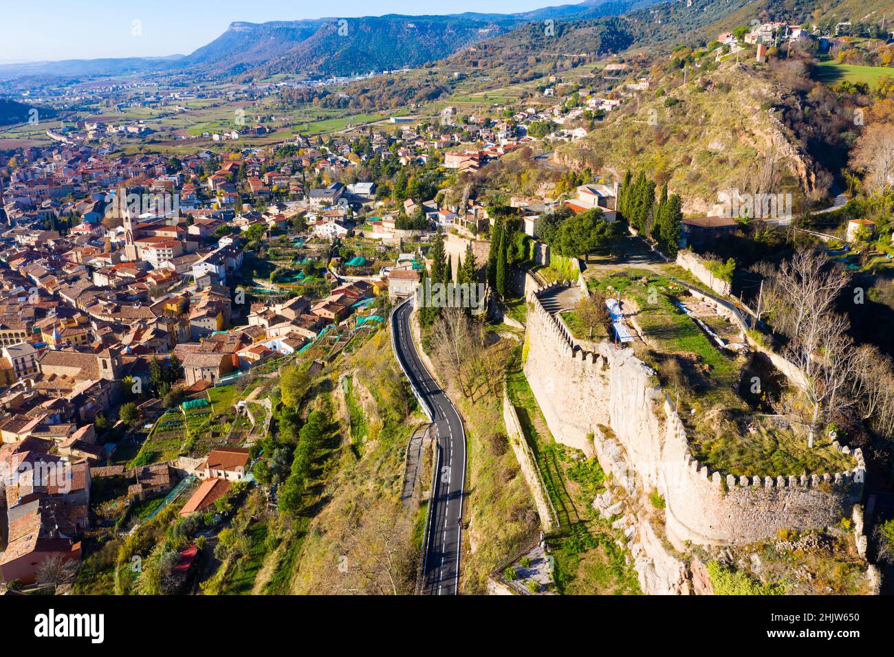 Top view of the city of Berga on the slopes of the Pyrenees mountains. pain Stock Photo