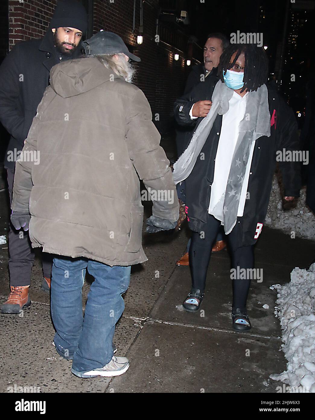New York, NY, USA. 31st Jan, 2022. Whoopi Goldberg seen greeting Radio Man  after exiting The Late Show With Stephen Colbert promoting the 2nd season  of Star Trek: Picard on January 31,