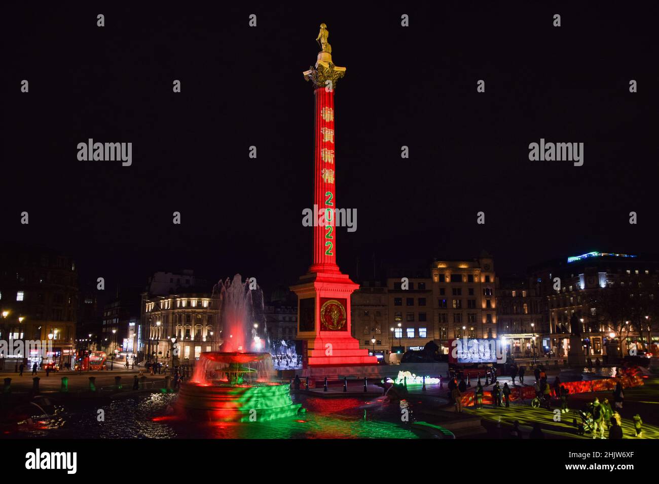 '2022' is seen projected onto Nelson's Column in Trafalgar Square in celebration of the Chinese New Year. This year marks the Year of the Tiger. (Photo by Vuk Valcic / SOPA Images/Sipa USA) Stock Photo