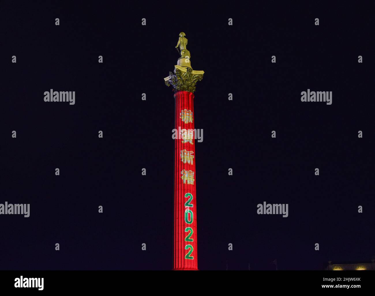 '2022' is seen projected onto Nelson's Column in Trafalgar Square in celebration of the Chinese New Year. This year marks the Year of the Tiger. (Photo by Vuk Valcic / SOPA Images/Sipa USA) Stock Photo