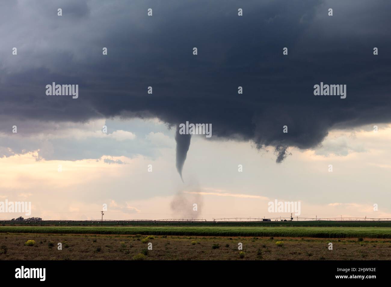 Supercell tornado funnel and wall cloud from a storm in Sudan, Texas Stock Photo