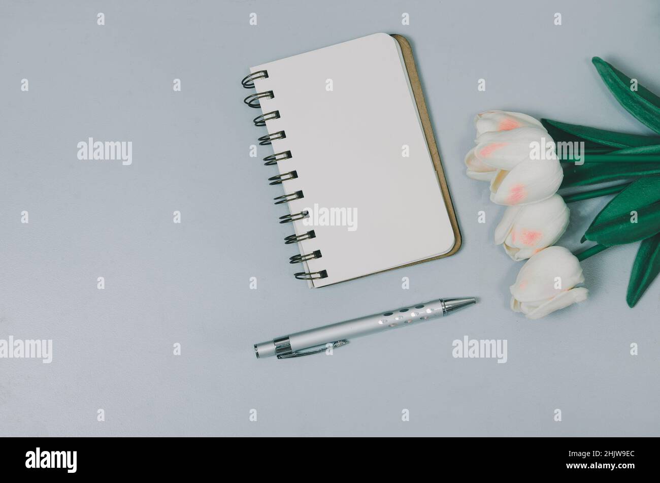 Top view flat lay notebook and flower and pen on table.Copy space Stock Photo
